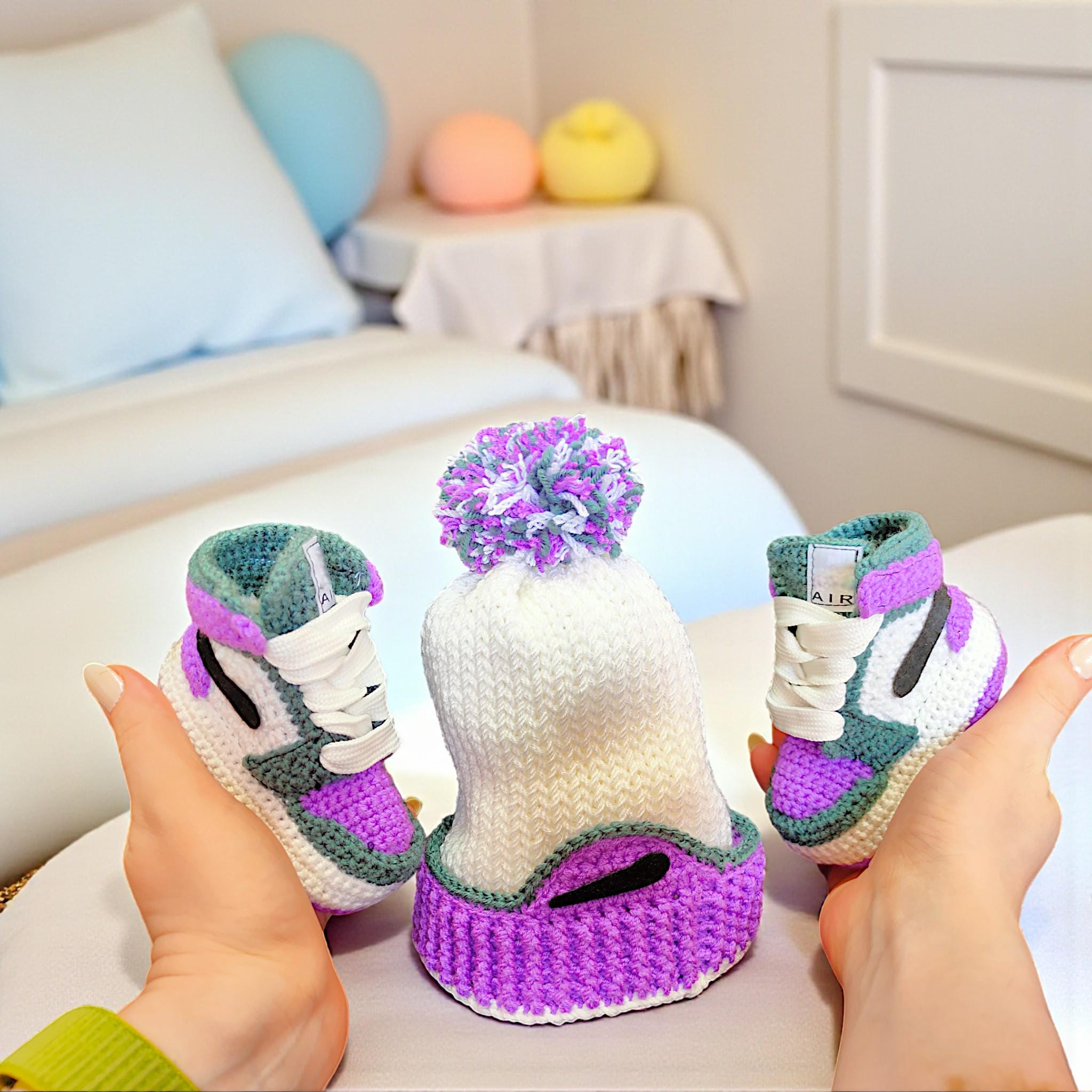 Jordan Baby Hat and Booties Set, Knit Newborn Sneakers & Beanie, Gender Neutral Baby Shower Gift, Forrest Green Purple Baby Outfit Gifts