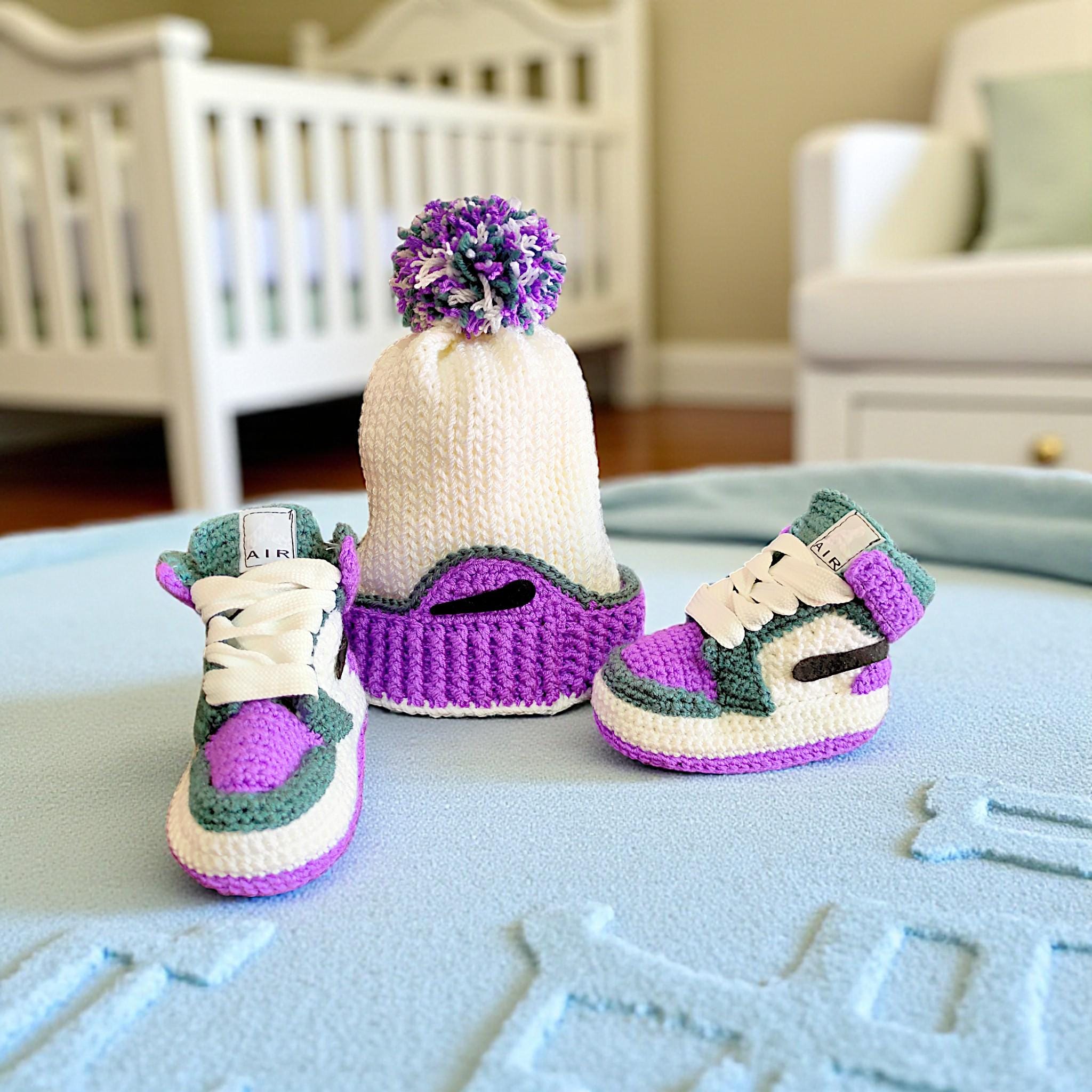 Jordan Baby Hat and Booties Set, Knit Newborn Sneakers & Beanie, Gender Neutral Baby Shower Gift, Forrest Green Purple Baby Outfit Gifts