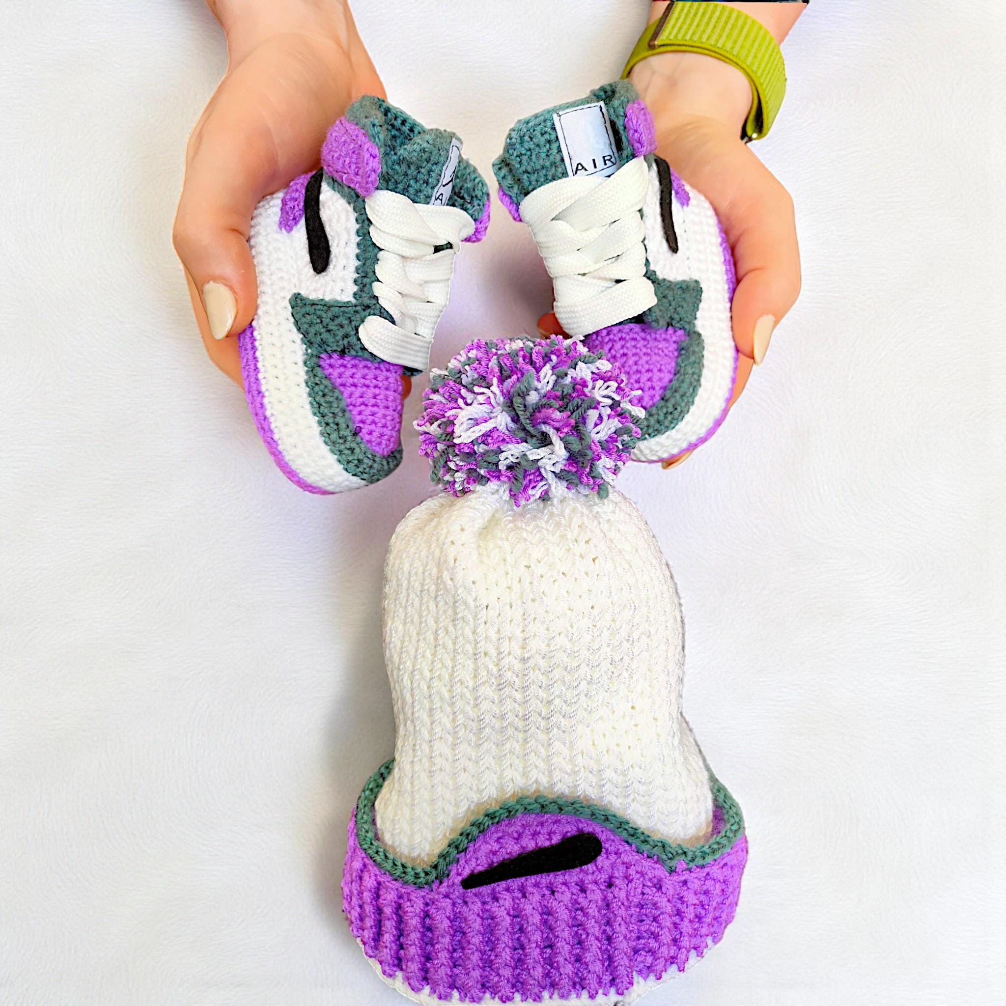 Jordan Baby Hat and Booties Set, Knit Newborn Sneakers & Beanie, Gender Neutral Baby Shower Gift, Forrest Green Purple Baby Outfit Gifts