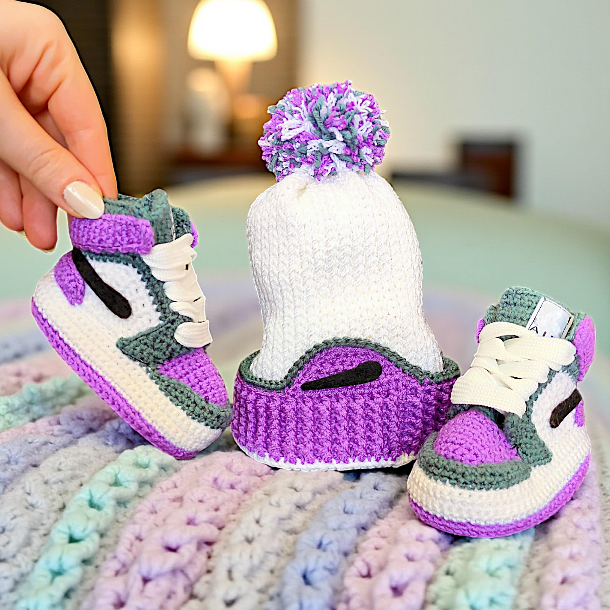 Jordan Baby Hat and Booties Set, Knit Newborn Sneakers & Beanie, Gender Neutral Baby Shower Gift, Forrest Green Purple Baby Outfit Gifts