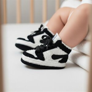 Jordan Crochet Baby Booties Black White Sneakers, Soft Newborn Shoes, Baby Shower Custom Gift, Unisex Infant Outfit, Basketball Baby Socks