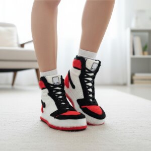 Custom Crochet High Top Jordan-Style Bred Sneakers Slippers - Personalized Basketball Retro Gift for Women/Men - Cozy Gothic Kicks Sneakers