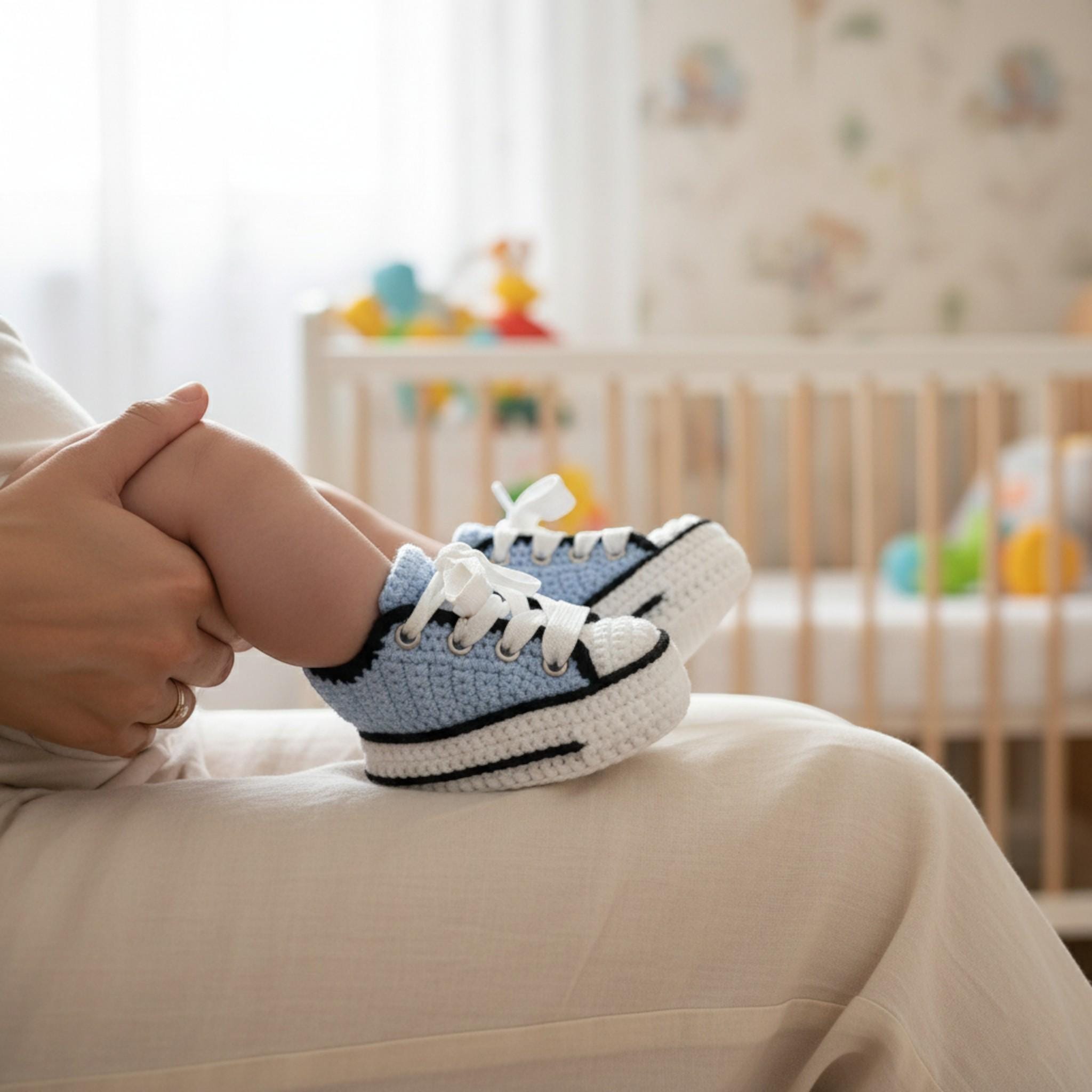 Soft Baby Blue Crochet Sneakers | Newborns & Toddlers | Knitted Babies Booties 0-3M 3-6M 6-9M 9-12M, Boy Girl Walker Shoes, Baby Shower Gift