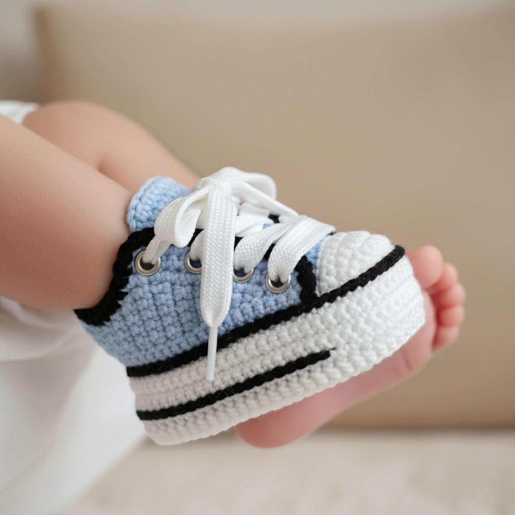 Soft Baby Blue Crochet Sneakers | Newborns & Toddlers | Knitted Babies Booties 0-3M 3-6M 6-9M 9-12M, Boy Girl Walker Shoes, Baby Shower Gift