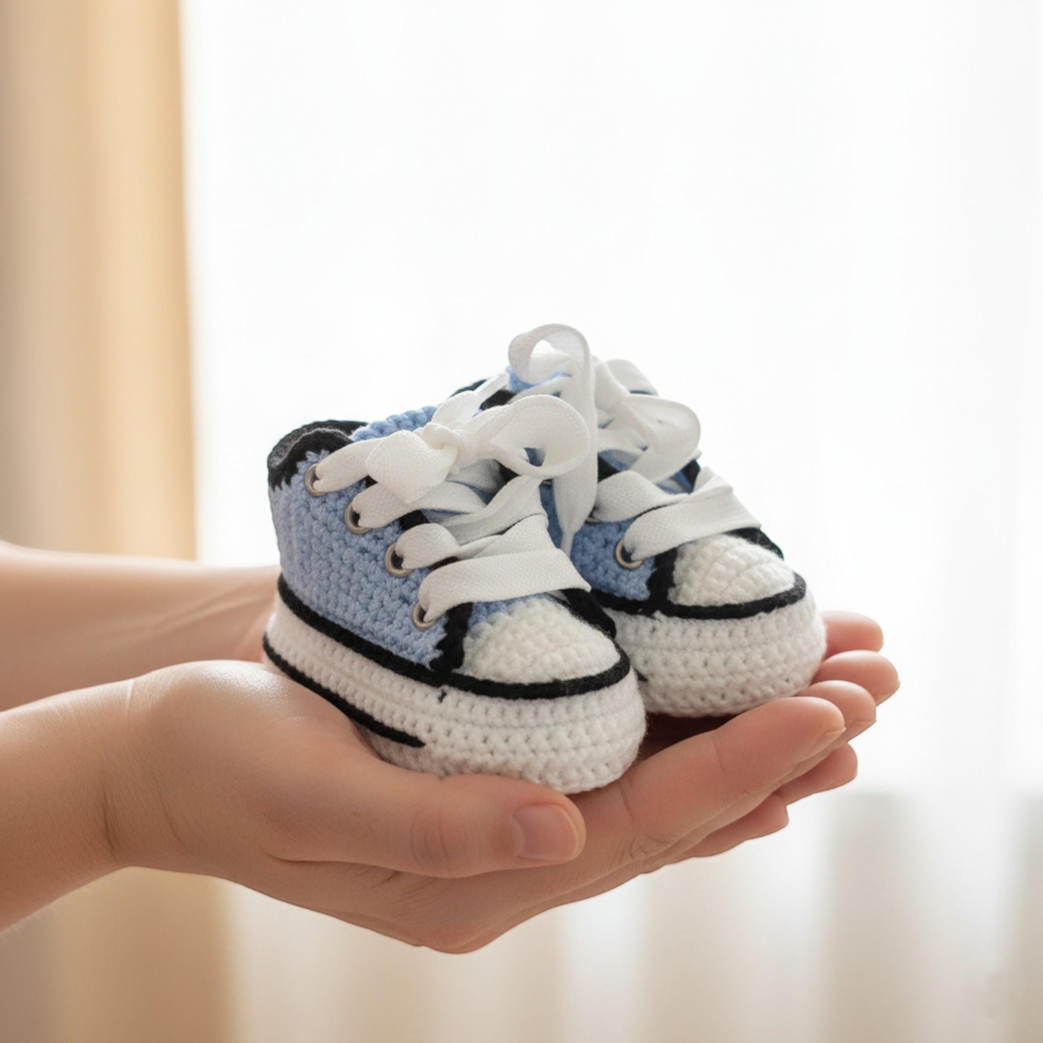 Soft Baby Blue Crochet Sneakers | Newborns & Toddlers | Knitted Babies Booties 0-3M 3-6M 6-9M 9-12M, Boy Girl Walker Shoes, Baby Shower Gift