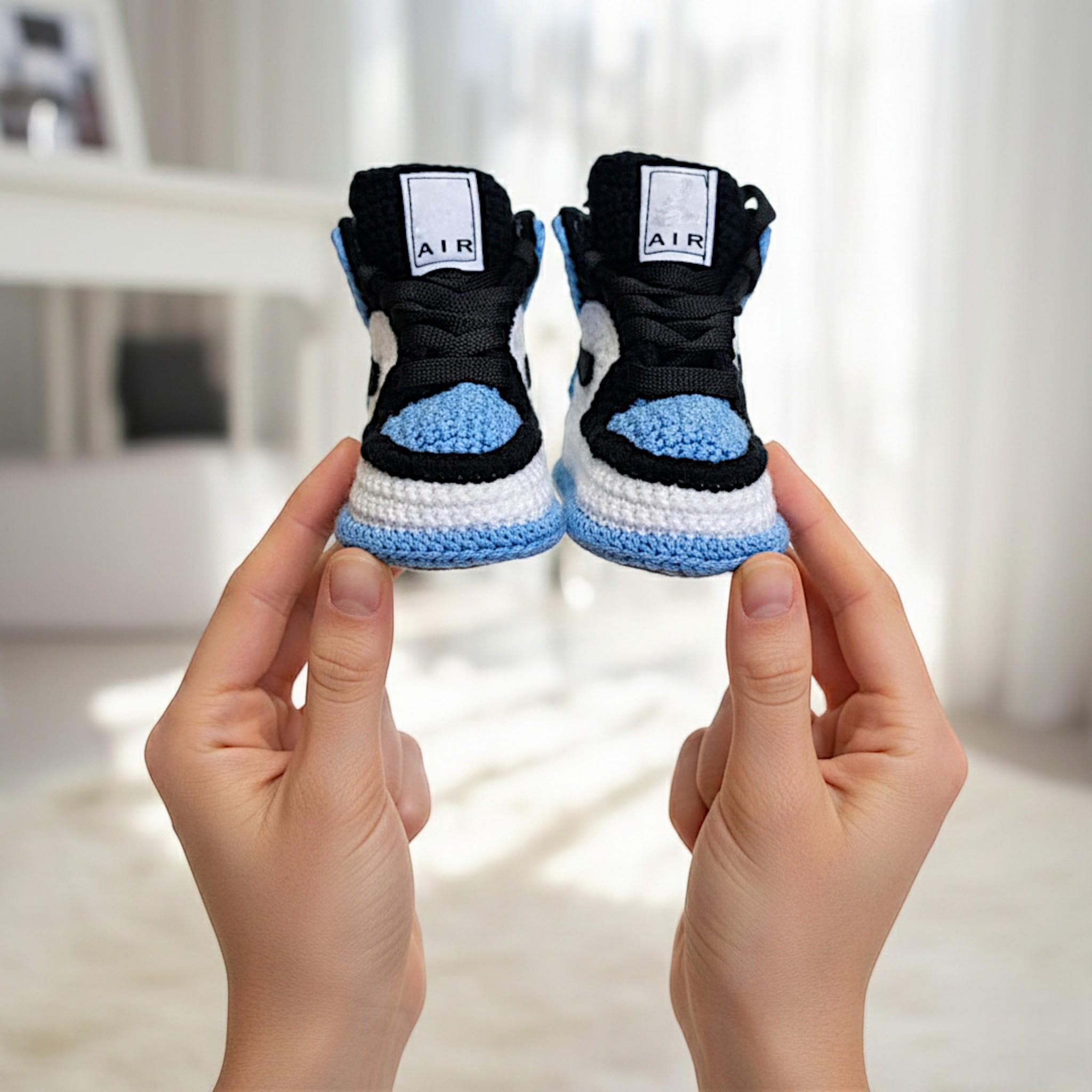 UNC Blue Crochet Baby Jordan Booties, Newborn Basketball Style High Tops Shoes, Personalized New Mother Gifts, Photo Prop Infant Outfits