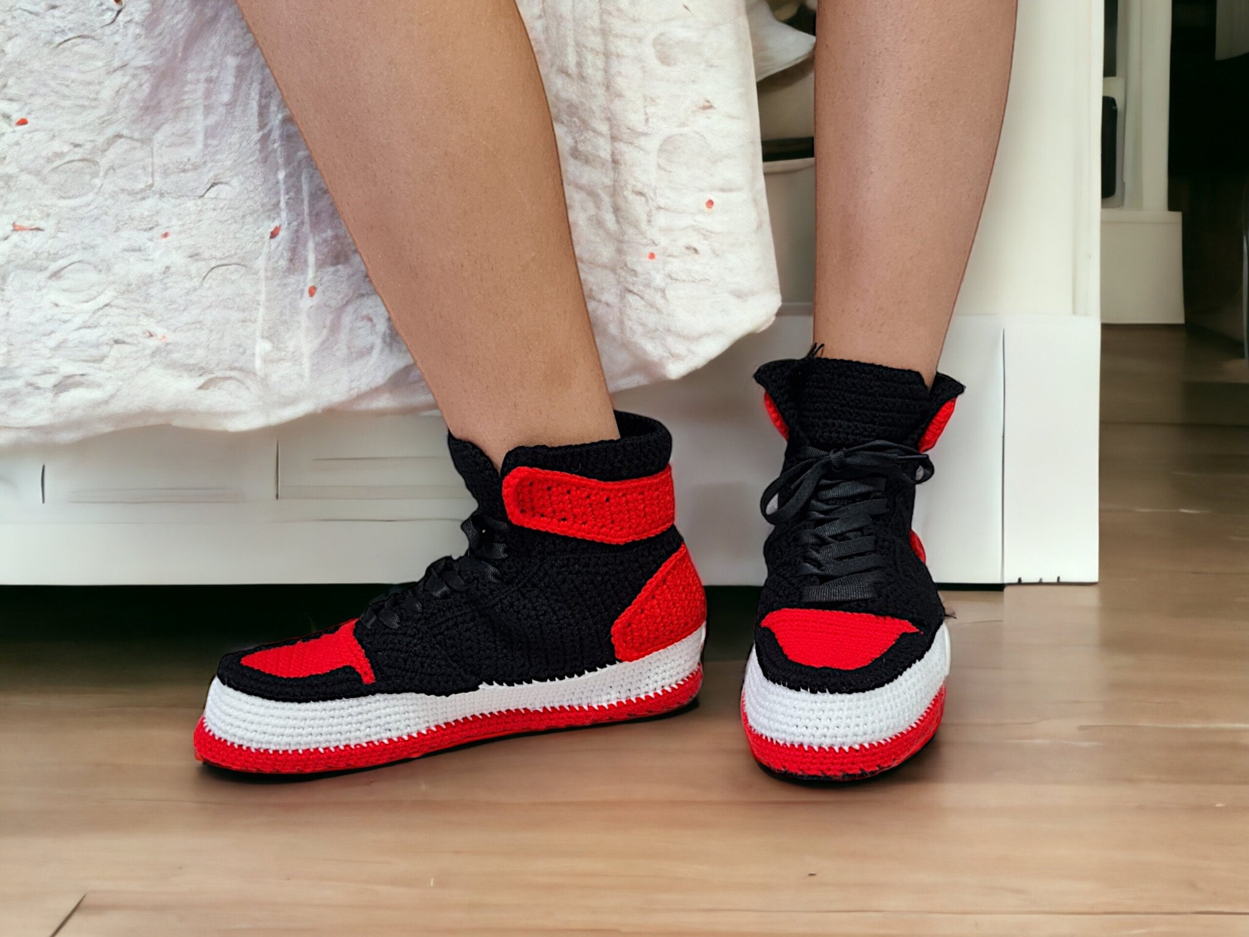 Jordan AJ1 Retro High Top Knitted Sneakers Crochet Plush Shoes Sneakerhead Hypebeast Outfit Custom Plush Kicks Basketball Booties Socks