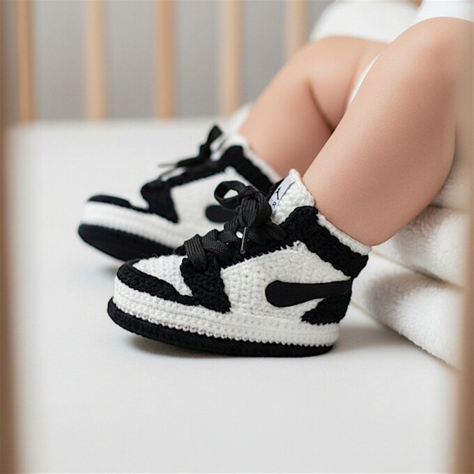 Jordan Crochet Baby Booties Black White Sneakers Soft Newborn Shoes Baby Shower Custom Gift Unisex Infant Outfit Basketball Baby Socks