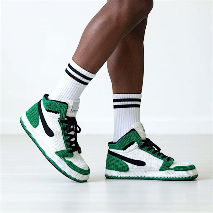 Jordan Crochet Retro Basketball High Top Slippers Green White Knit Sneaker House Shoes Unisex Custom Non Slip Rubber Sole AJ1 Plush Sock