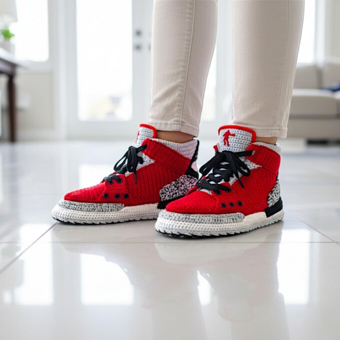 Jordan Crochet Retro Basketball Sneakers Slippers Red Cement Black Grey Knit High Top House Shoes Sneakerhead Fan Gift Cozy Custom Kicks