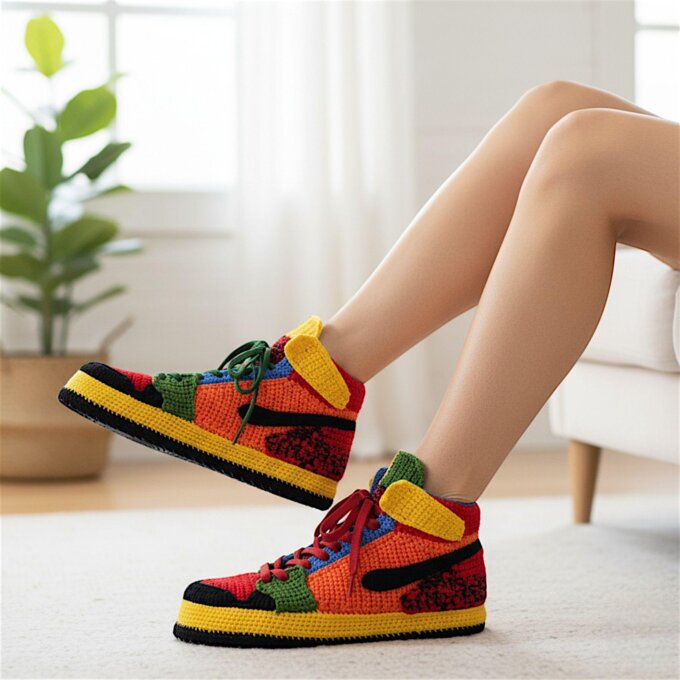 Jordan Multicolor Knitted Sneaker Slippers Crochet Basketball House Shoes Colorful Art Sneakers Men and Womens Custom Personalized Gifts