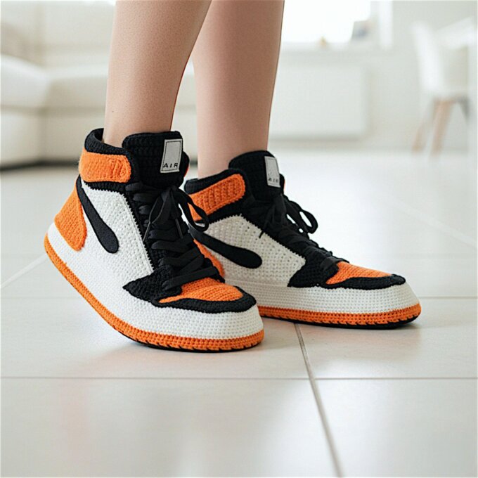 Jordan Orange Sneaker Crochet High Top Slippers Custom Kicks Shoes Sneakerhead Gift Urban Streetwear Dress Mens and Womens Booties