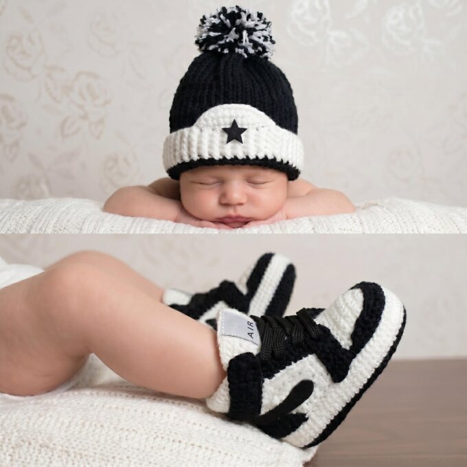 Jordan Sneaker Booties and Beanie Set Gender Neutral Coming Home Outfit Newborn Photo Prop Unique Baby Shower Gift High Top Crib Shoes
