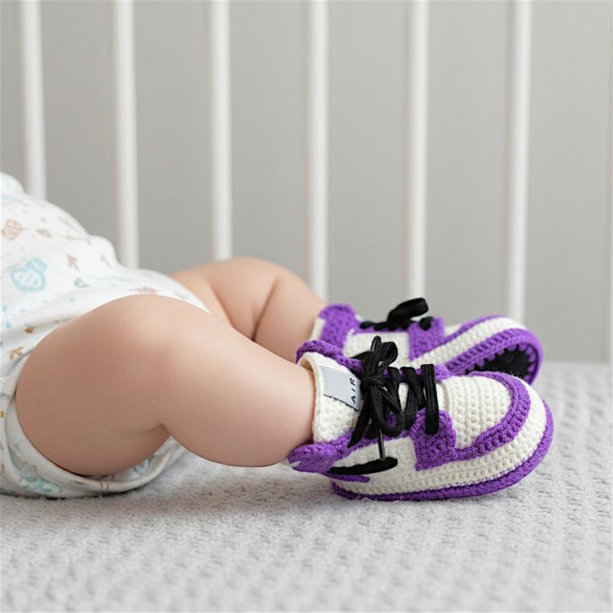 Jordan Style Baby Booties Newborn Crochet Sneakers Purple Baby Shower Gift Knitted Infant Jordans 0 3 3 6 6 9 9 12 Months Gifts
