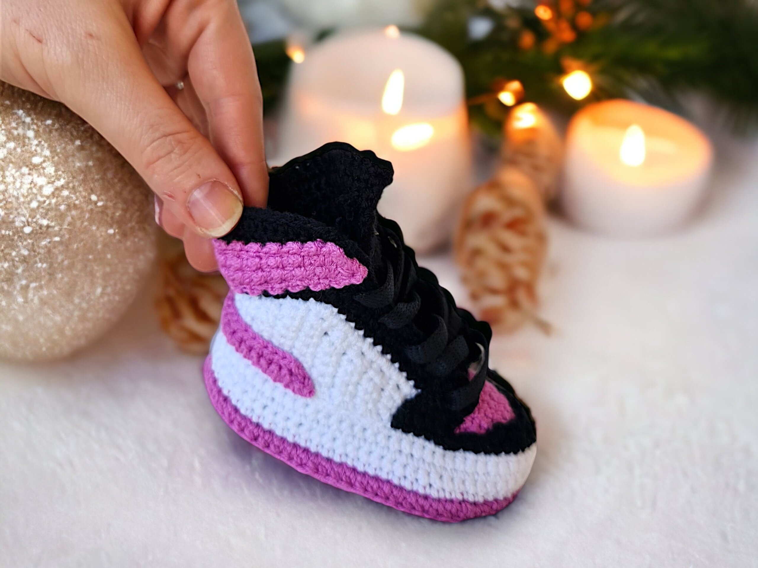 Jordan Style Crochet Purple Baby Sneakers Booties Cotton Newborn Girl Gift Modern Baby Shower Gender Reveal Gift Basketball Outfit