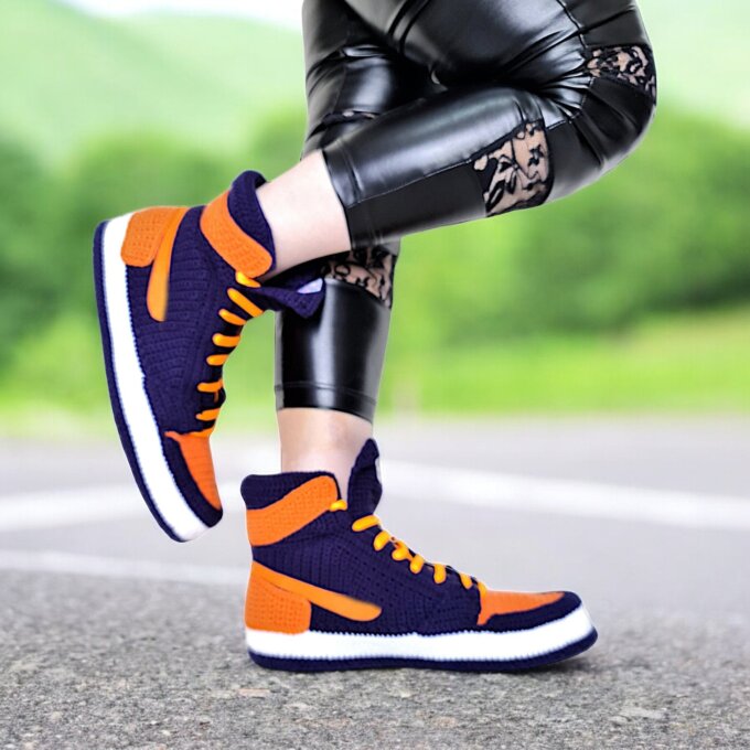 Navy Blue & Orange Jordan-Like Crochet Basketball Sneakers Slippers