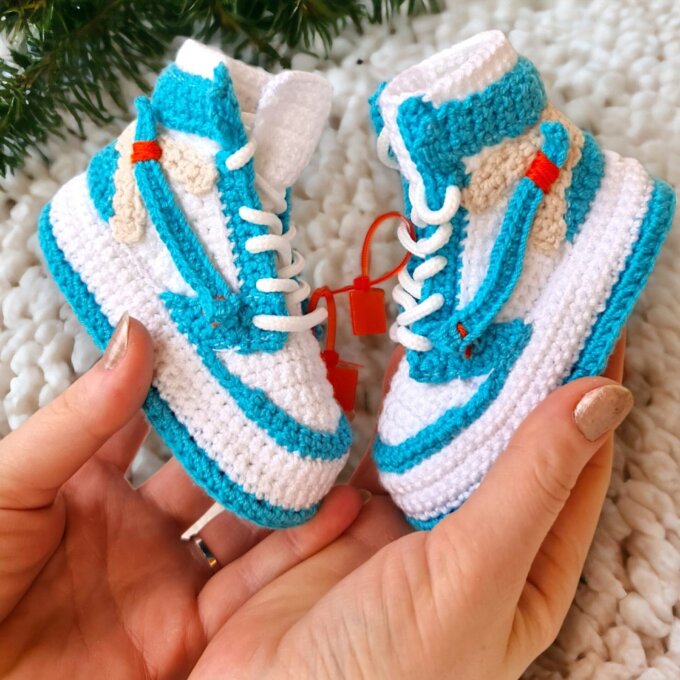 Off White Color Jordan-Style Crochet Baby Booties Sneakers