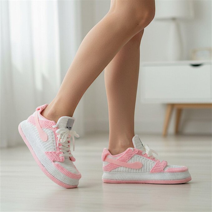Pink Crochet Jordan Style Low Top Sneakers Women House Slippers Basketball Culture Sneakers Sneakerhead Shoes Breathable Fashion Shoes