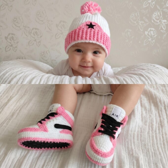 Pink Jordan Hat Booties Set Crochet Baby Sneakers Newborn Girl Crib Shoes Basketball Shower Gift Photo Prop Clothes Coming Home Outfit