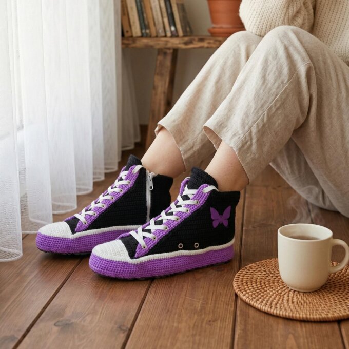 Purple Black Butterfly Crochet Sneaker Slippers