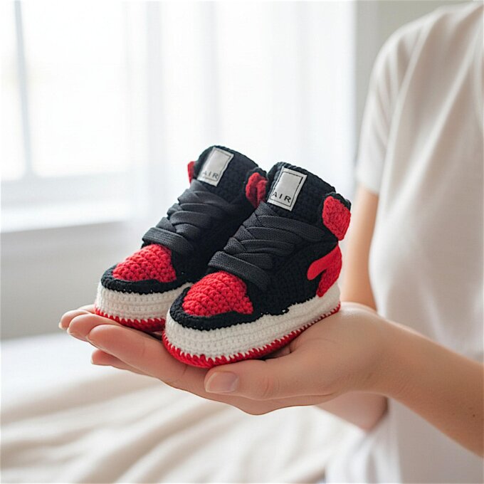 Red and Black Crochet Baby Jordan Style Sneakers Red and Black Crochet Baby Jordan Style Sneakers
