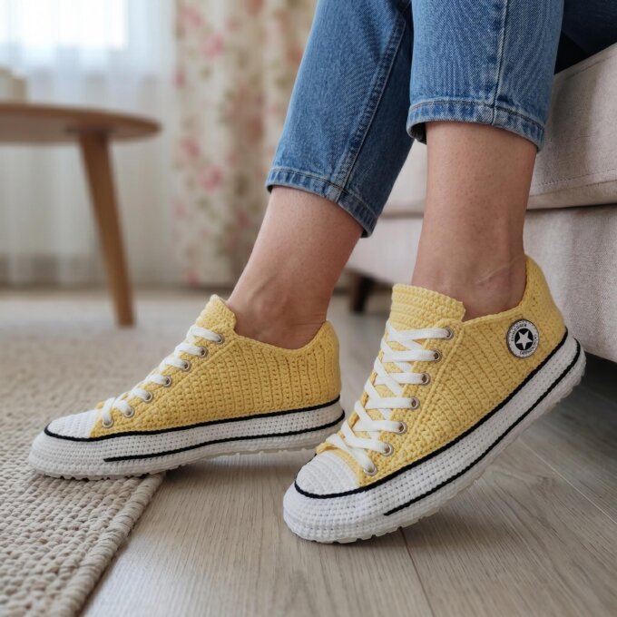 Sporty Crochet Soft Sneaker Slippers Low Top Lace up House Shoes Lightweight Rubber Sole Indoor Cozy Footwear Sneakerhead Custom Gifts