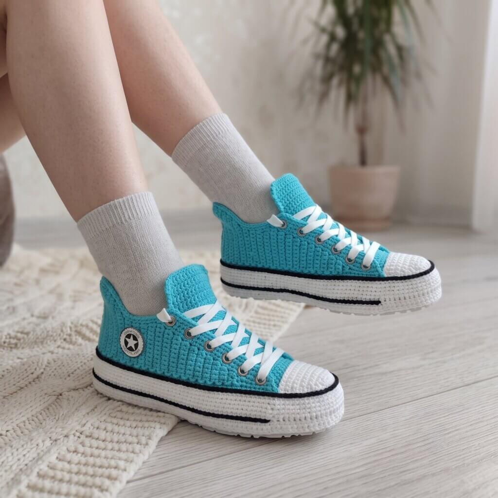 Turquoise Crochet Converse Style Slippers Womens Mens Non Slip Knit House - view 4