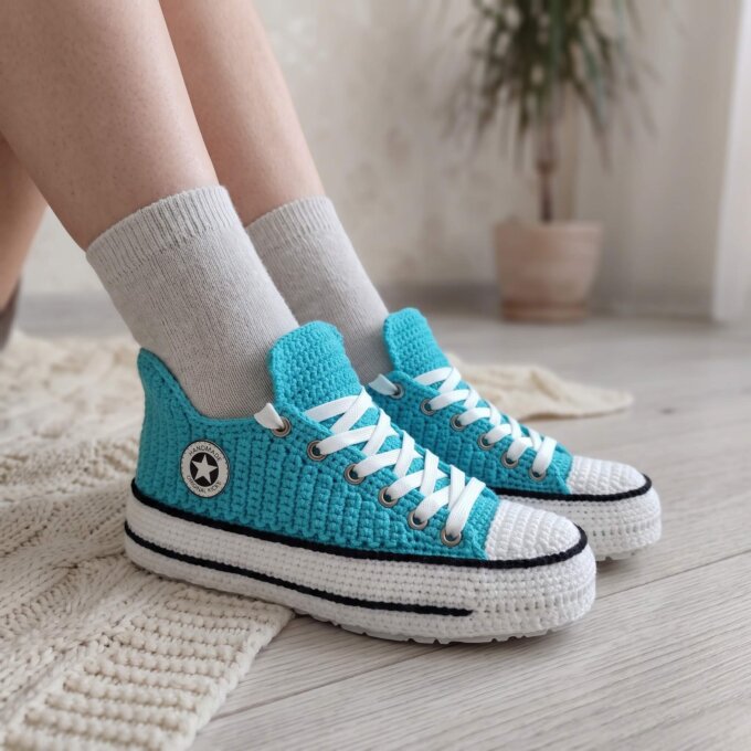 Turquoise Crochet Converse Style Slippers Womens Mens Non Slip Knit House