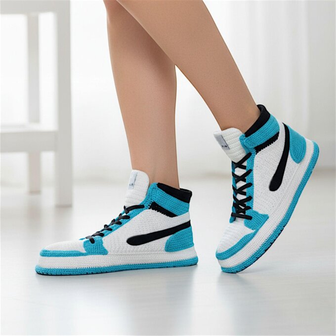 Turquoise Crochet Jordan Style High Top Sneakers Handmade Cozy House Wool Slippers Retro Basketball Fan Womens Gift Sneakerhead Men Shoes