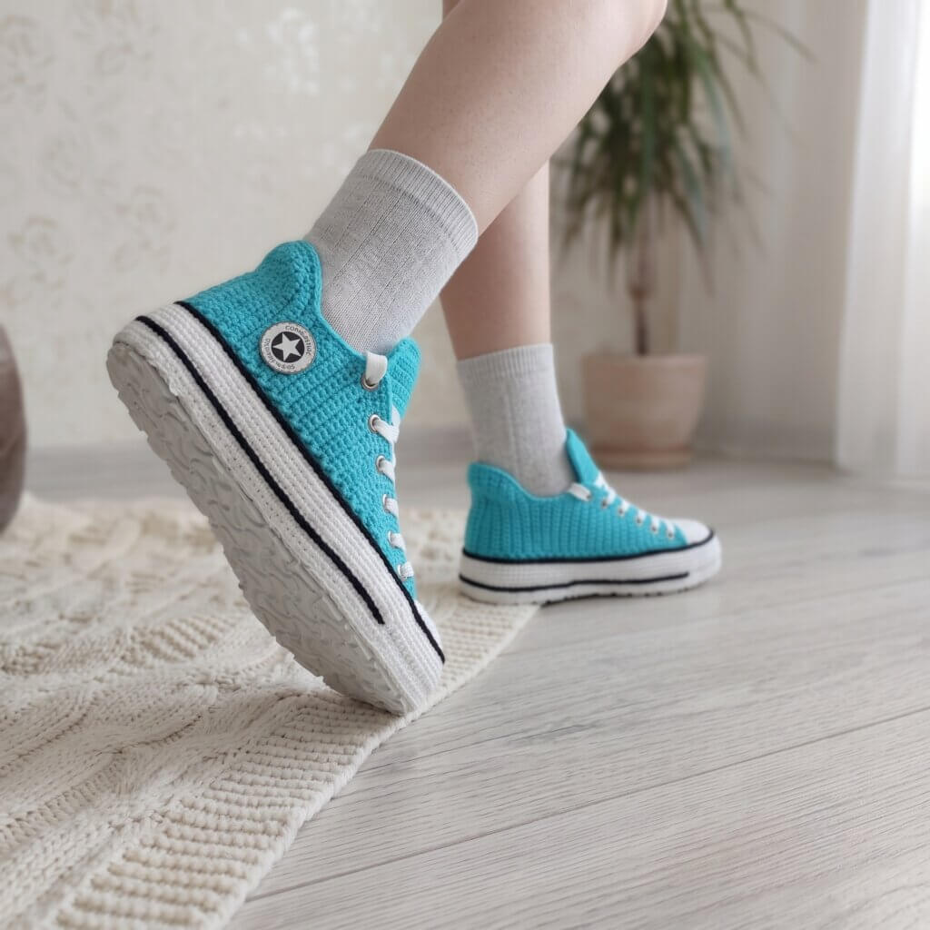 Turquoise Crochet Converse Style Slippers Womens Mens Non Slip Knit House - view 5