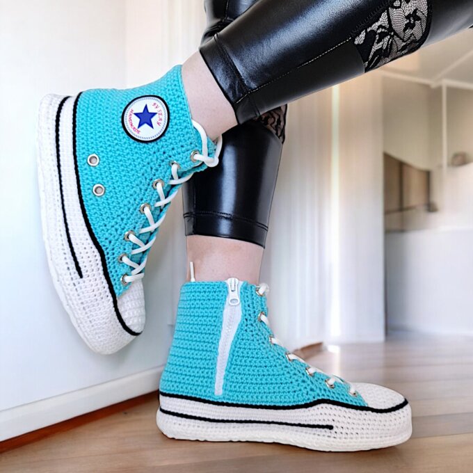 Turquoise Knitted Sneakers Style Slippers