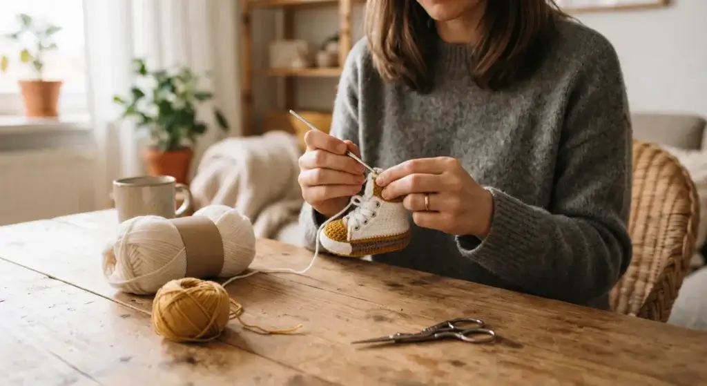 Sevda crocheting soft baby booties by hand in the By Seay studio