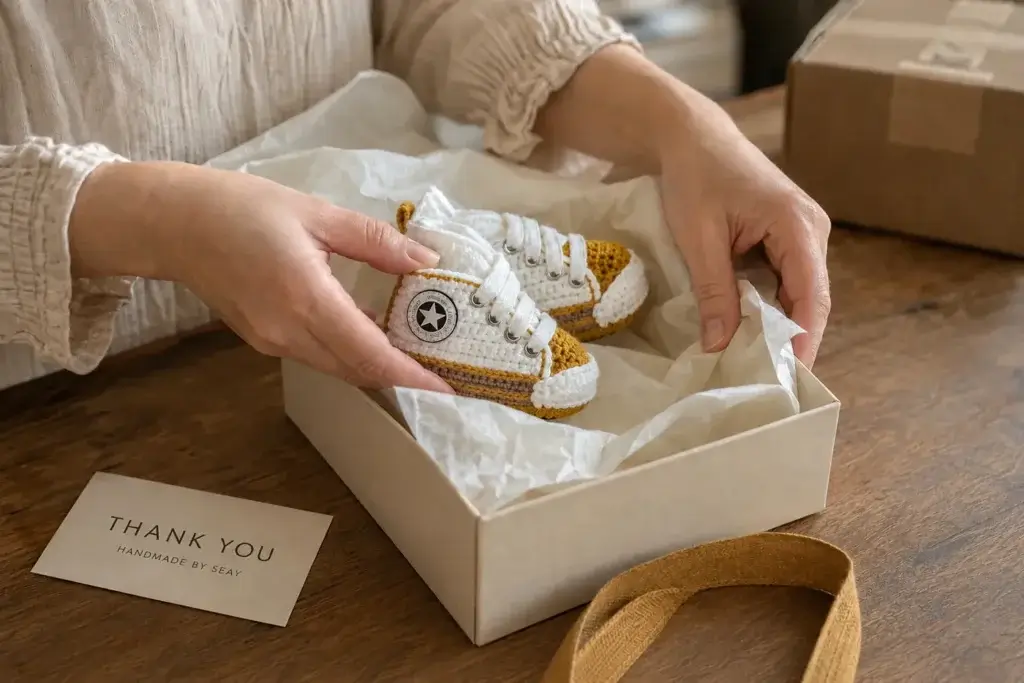 Handmade crochet baby booties being placed in a By Seay gift box