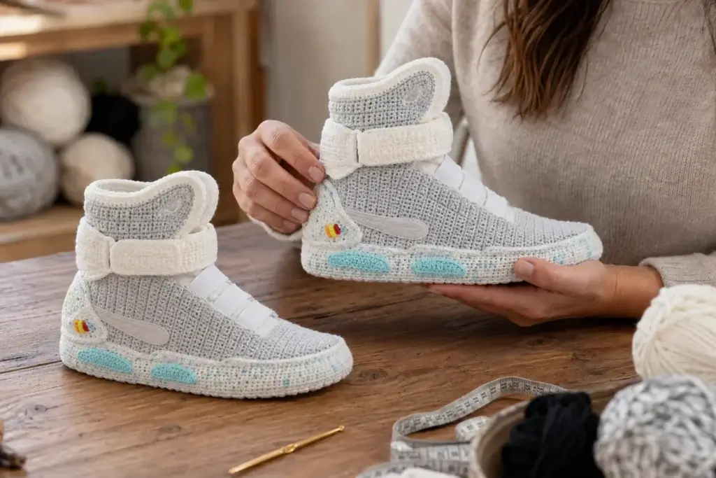 Handmade grey crochet sneaker slippers being checked in the By Seay studio