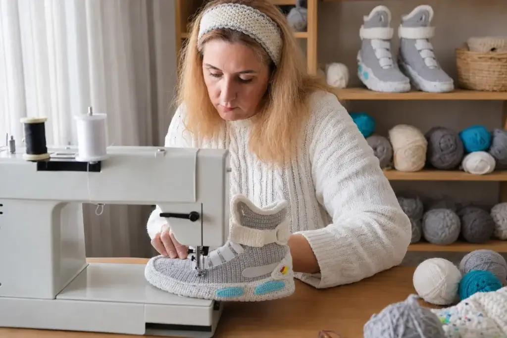 Sevda sewing a handmade crochet sneaker slipper in her workshop